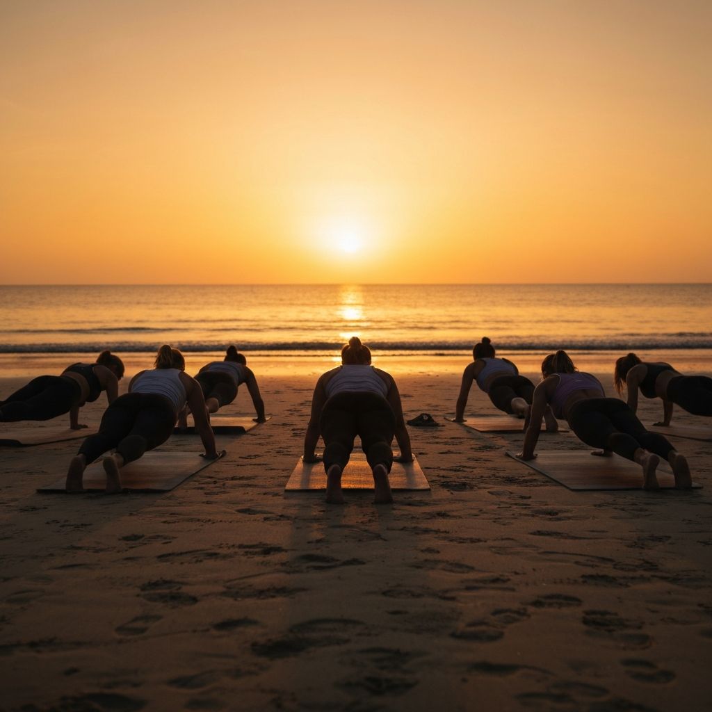 Frauen beim Workout am Strand bei Sonnenuntergang